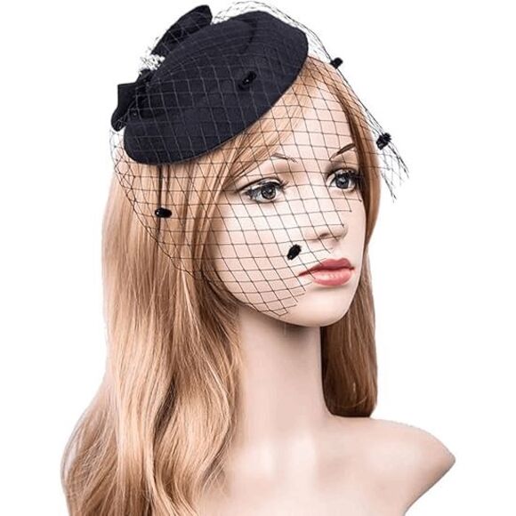 🖤 Pinup Accessory 1950s Retro Vintage Fascinator Black Pillbox Pearl Veil Hat - Picture 9 of 13